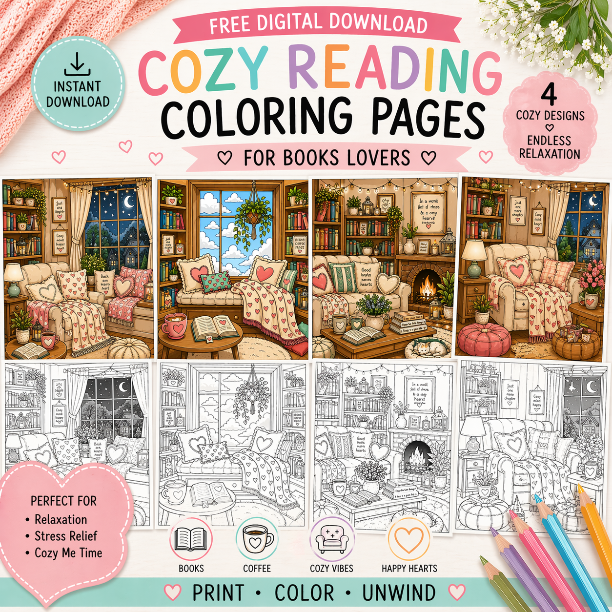 free PDF printable Cozy Reading places Coloring Pages for Adults